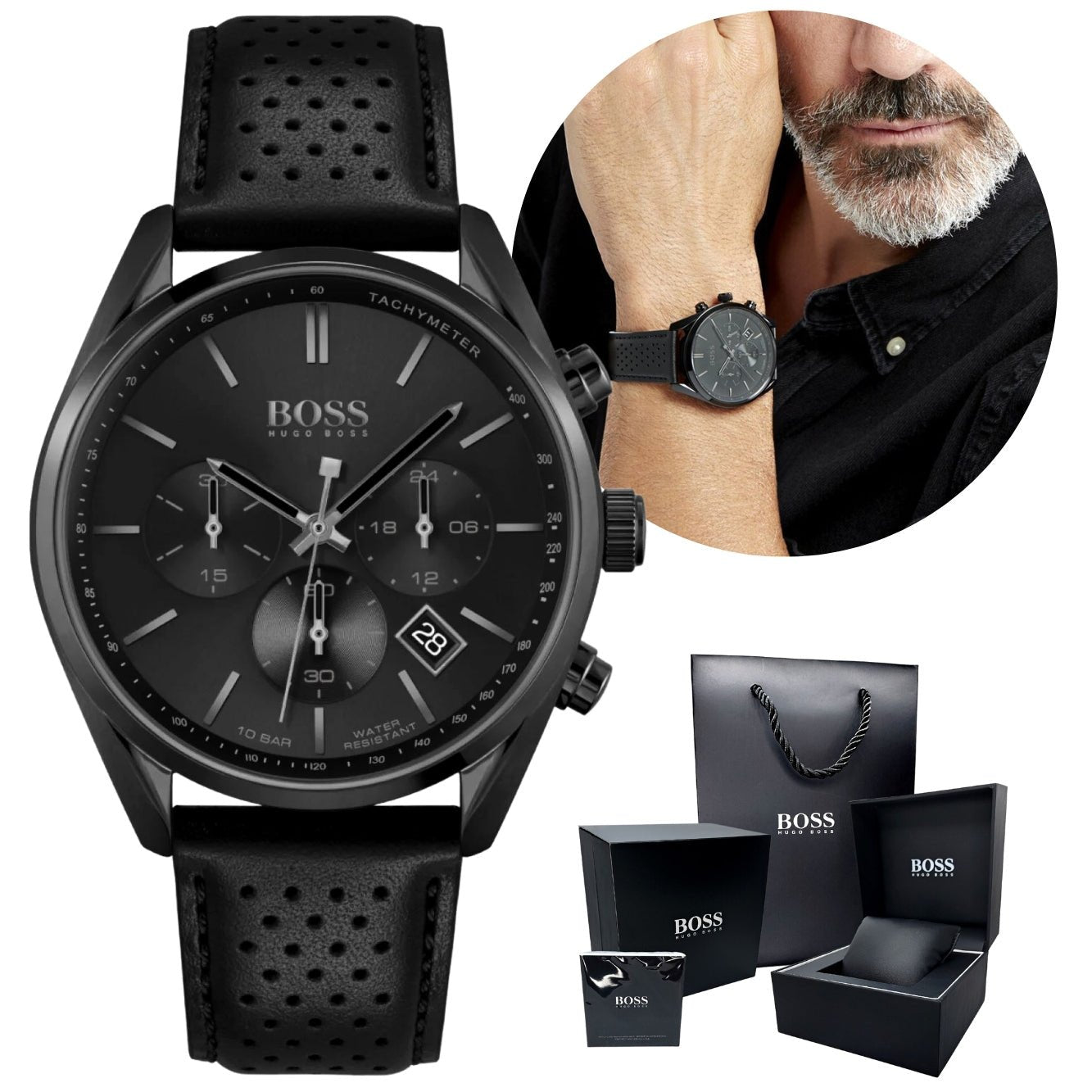 Hugo Boss Champion Black Dial Black Leather Strap Watch for Men - 1513880 Watches Hugo Boss   