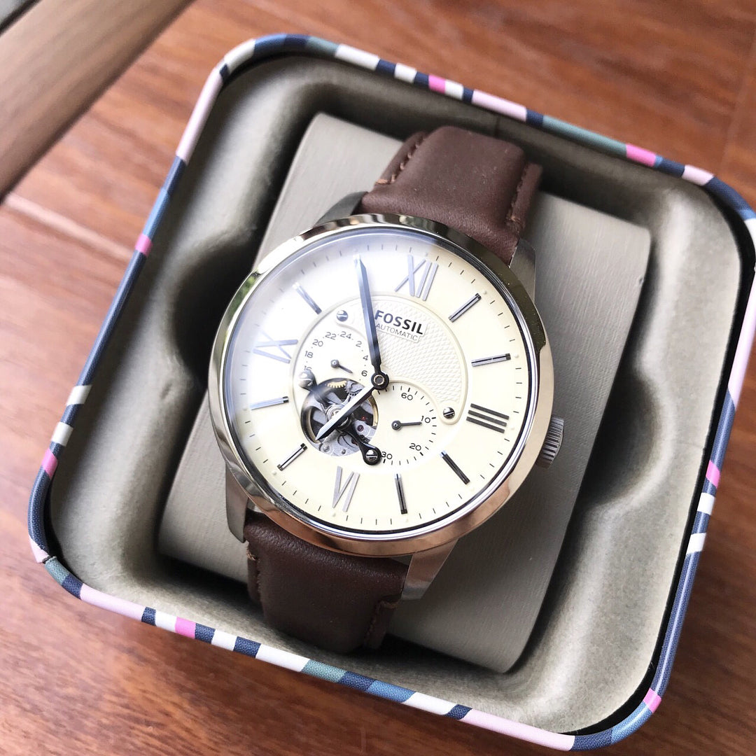 Fossil Townsman Automatic White Dial Brown Leather Strap Watch for Men - ME3064 Watches Fossil   