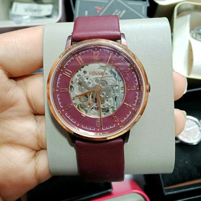 Fossil Vintage Muse Automatic Skeleton Maroon Dial Maroon Leather Strap Watch for Women - ME3137 Watches Fossil   