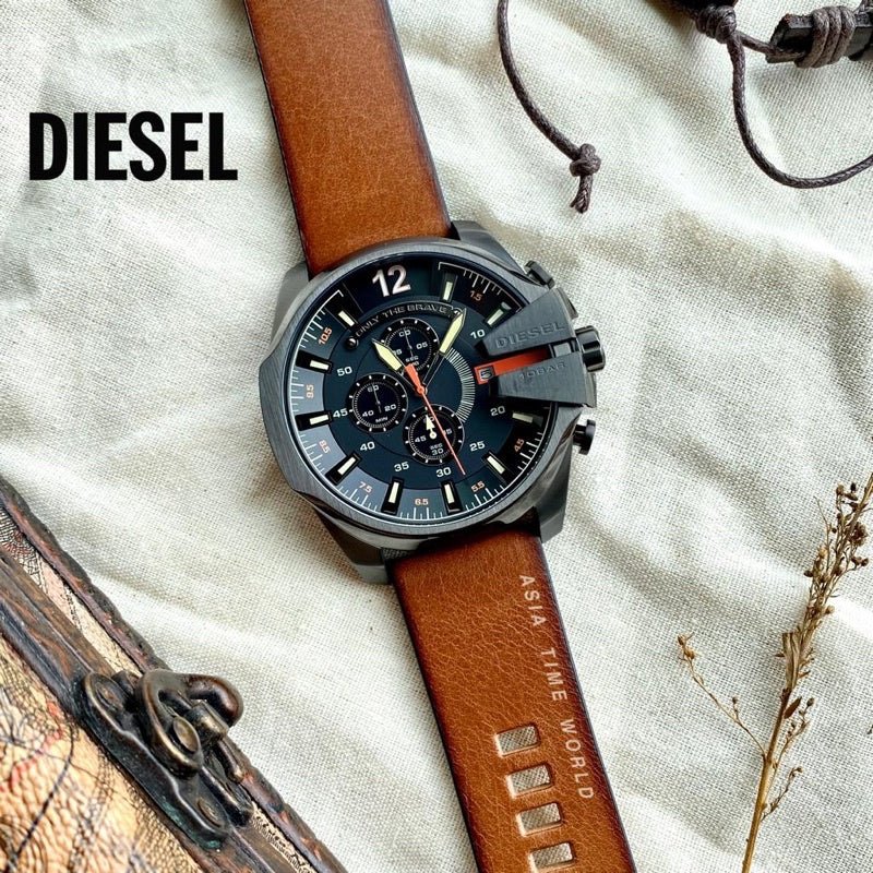 Diesel Mega Chief Quartz Chronograph Brown Leather Watch For Men - DZ4343 Watches Diesel   