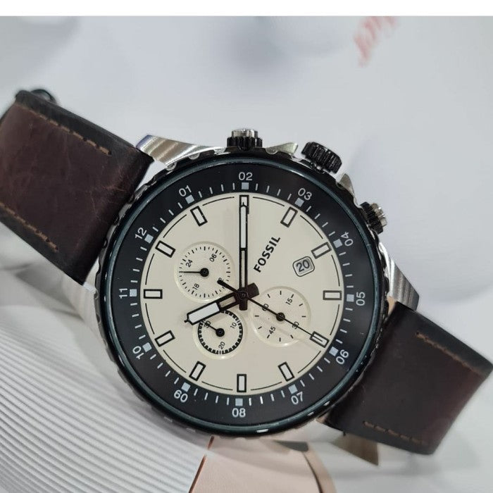 Fossil Dillinger Chronograph Cream Dial Brown Leather Strap Watch for Men - FS5674 Watches Fossil   