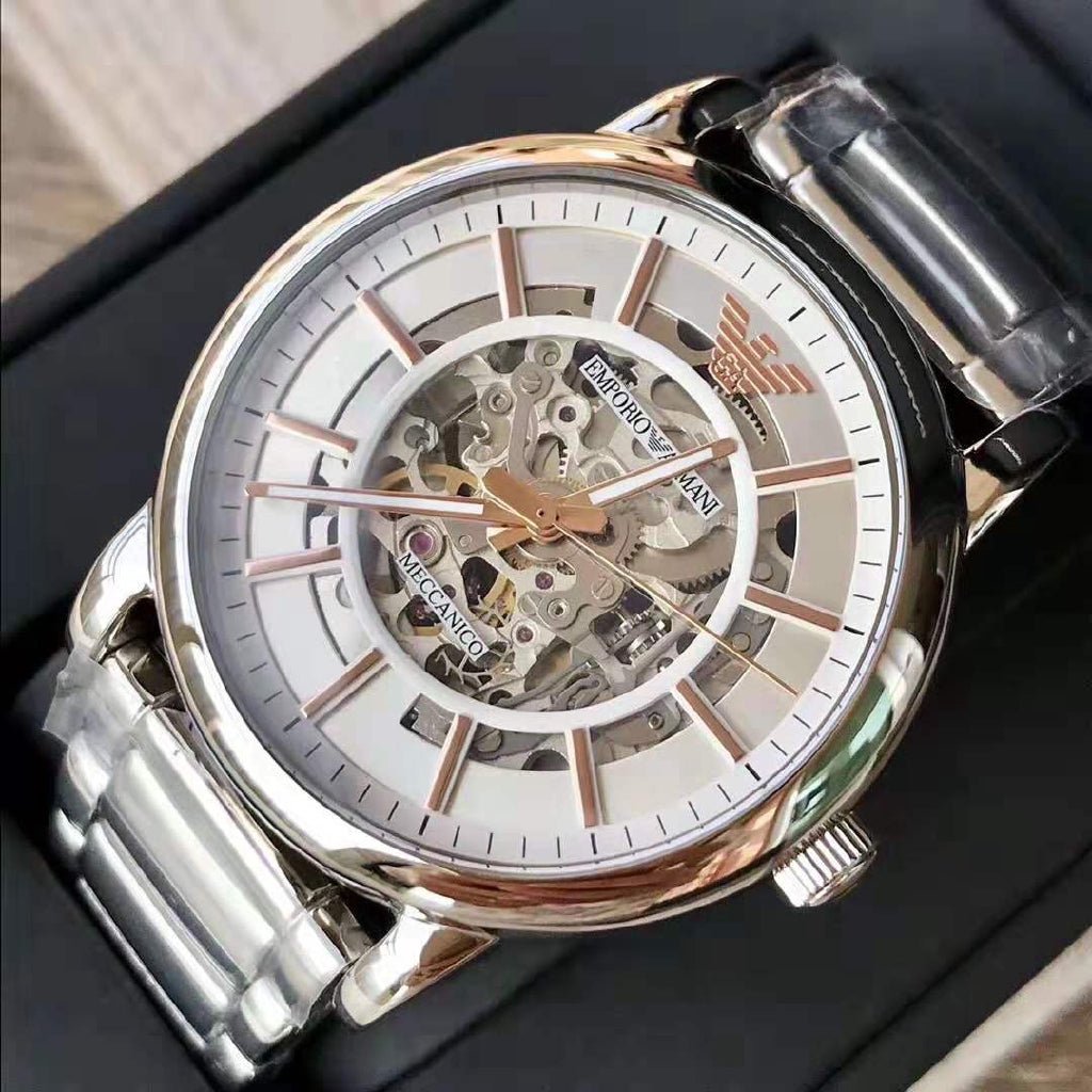 Emporio Armani Meccanico Silver Skeleton Dial Stainless Steel Watch For Men - AR1980 Watches Emporio Armani   