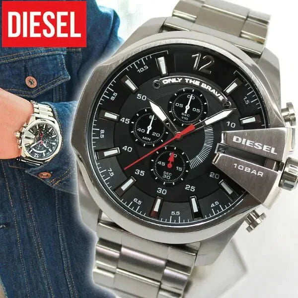 Diesel Mega Chief Chronograph Black Dial Silver Stainless Steel Watch For Men - DZ4308 Watches Diesel   