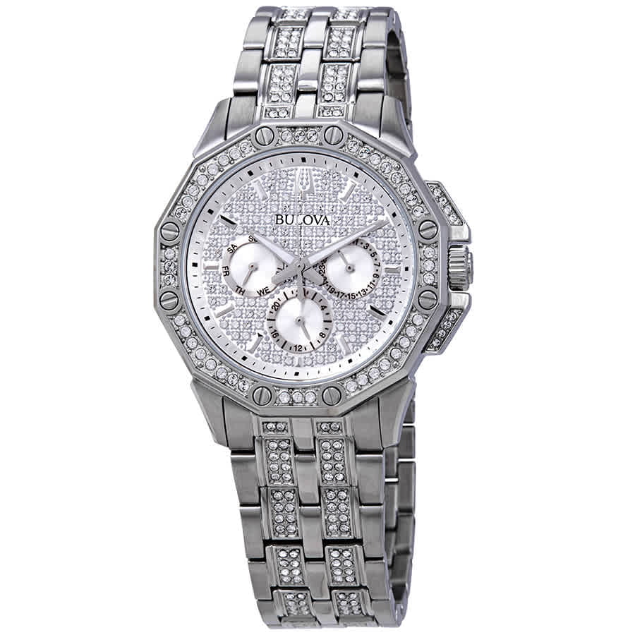 Bulova Crystal Collection Pave Silver Dial with Crystals Silver Steel Strap Watch for Men - 96C134 Watches Bulova   