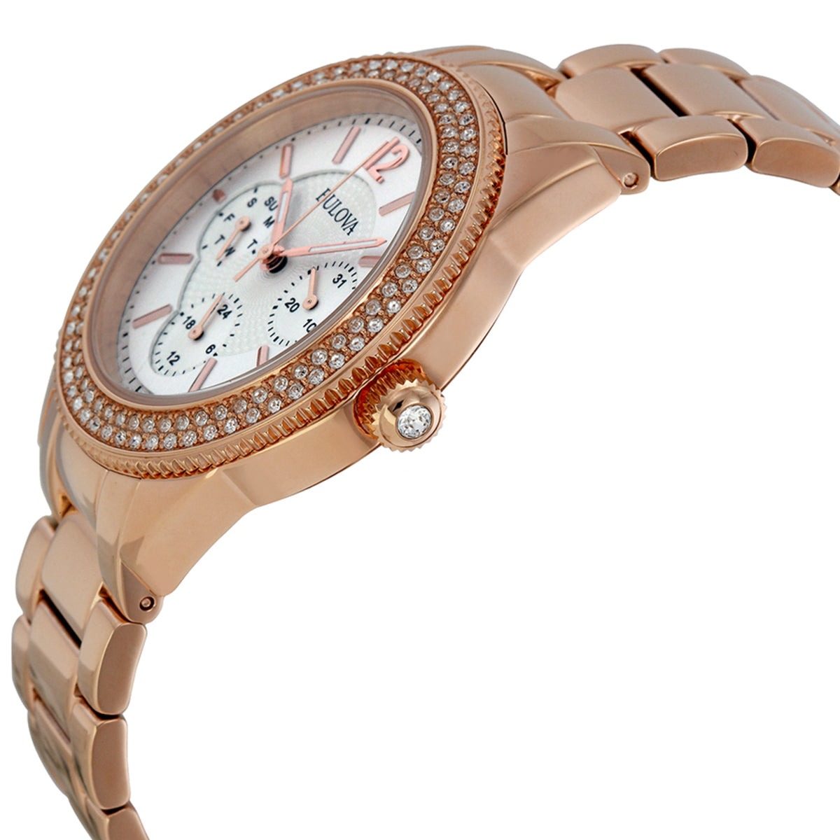 Bulova Crystal Silver Dial Rose Gold Steel Strap Watch for Women - 97N101 Watches Bulova   