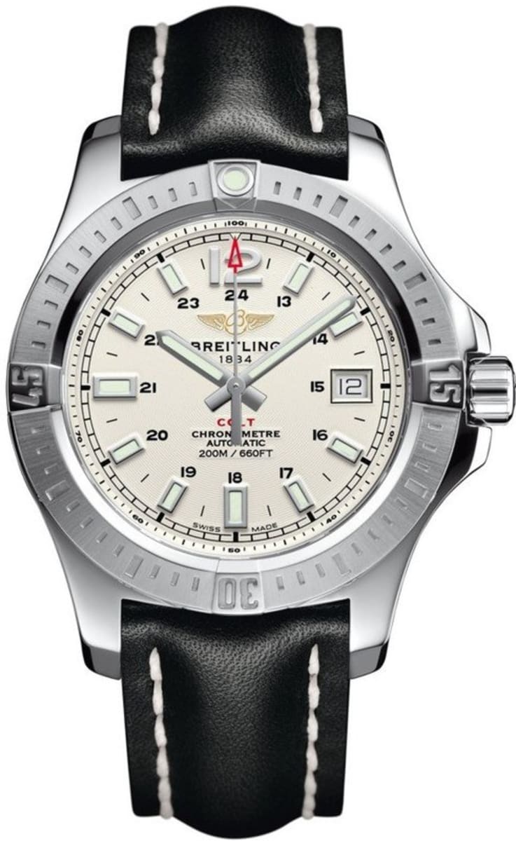 Breitling Colt 44mm Automatic Silver Dial Black Leather Mens Watch - A1731311/G820/428X Watches Breitling   