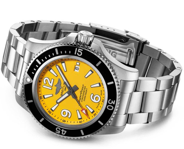 Breitling Superocean Automatic 44mm Yellow Dial Silver Steel Strap Watch for Men - A17375211/1A1 Watches Breitling   