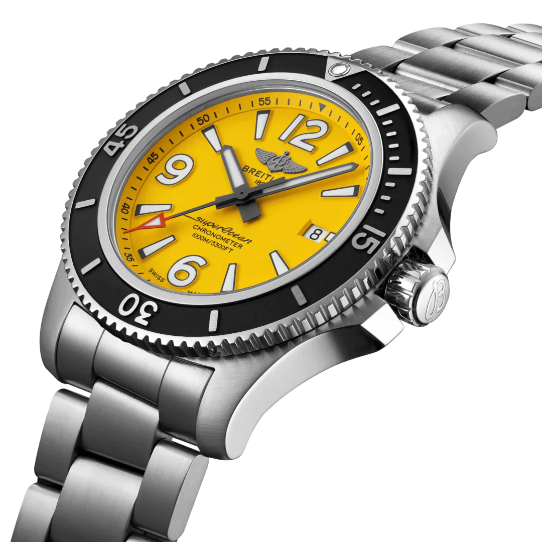 Breitling Superocean Automatic 44mm Yellow Dial Silver Steel Strap Watch for Men - A17375211/1A1 Watches Breitling   