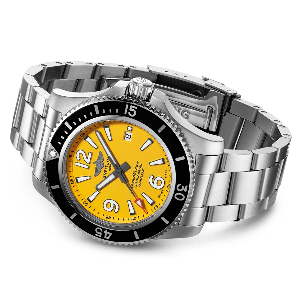 Breitling Superocean II Automatic 44mm Yellow Dial Silver Steel Strap Watch for Men - A17367021I1A1 Watches Breitling   