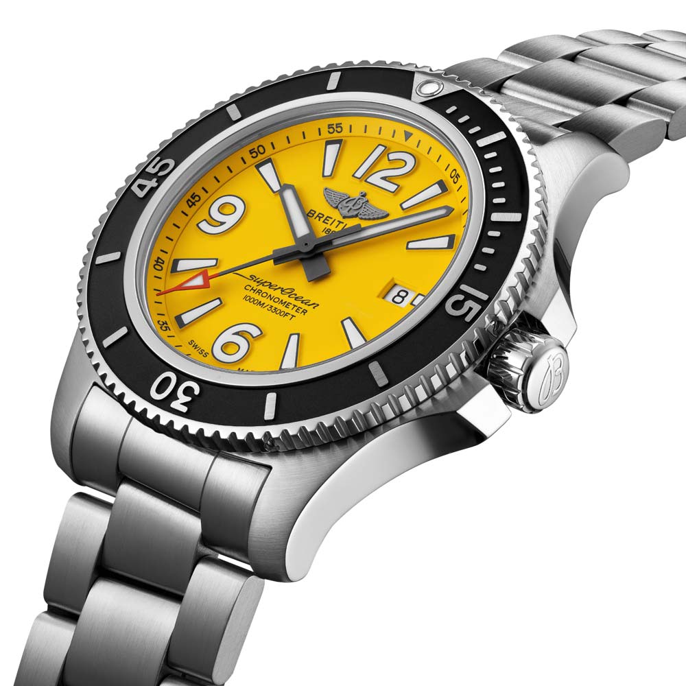 Breitling Superocean II Automatic 44mm Yellow Dial Silver Steel Strap Watch for Men - A17367021I1A1 Watches Breitling   