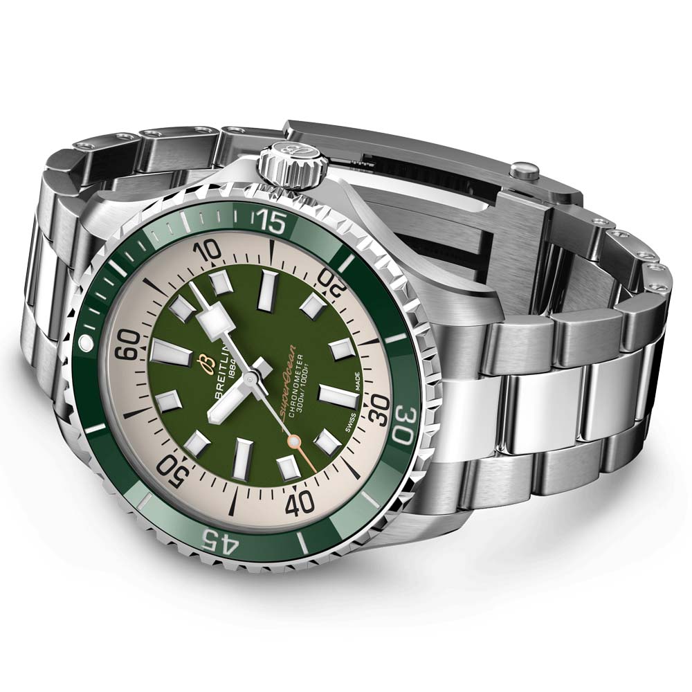 Breitling Superocean Automatic 44mm Navy Green Dial Green Rubber Strap Watch for Men - A17376A31L1A1 Watches Breitling   