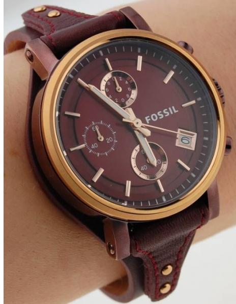 Fossil Original Boyfriend Sport Chronograph Maroon Dial Maroon Leather Strap Watch for Women - ES4114 Watches Fossil   