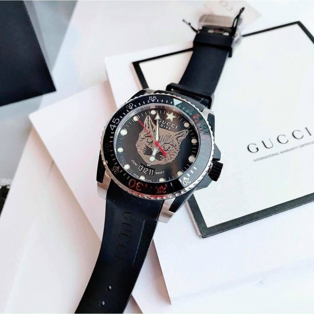 Gucci Dive Feline Black Dial Black Rubber Strap Watch For Men - YA136320 Watches Gucci   