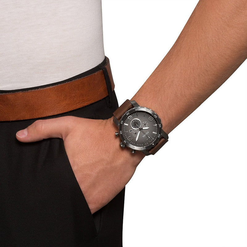 Fossil Nate Chronograph Grey Dial Brown Leather Strap Watch for Men - JR1424 Watches Fossil   