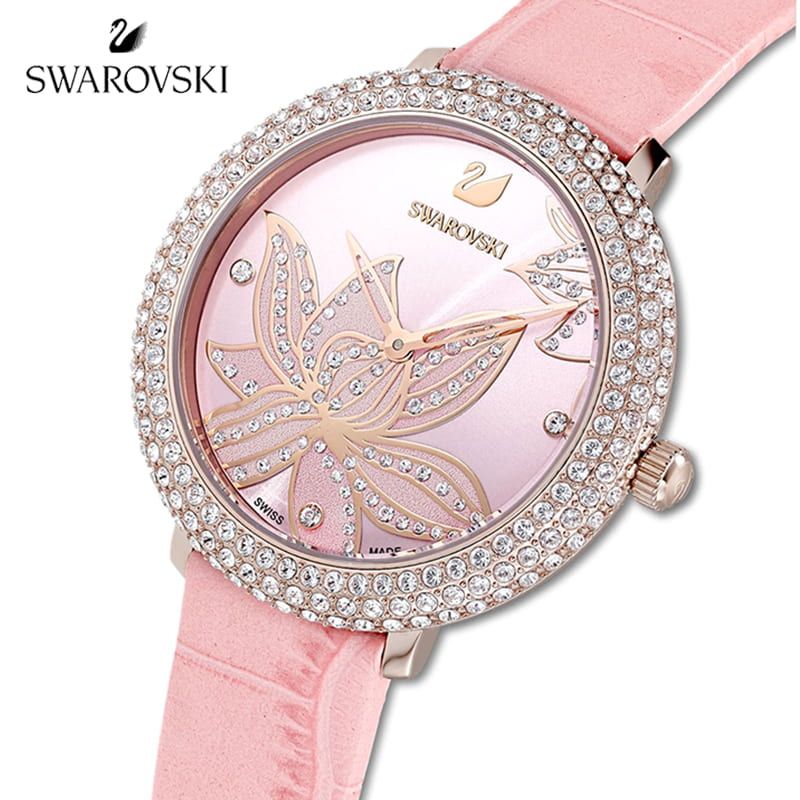 Swarovski Crystal Quartz Pink Dial Pink Leather Strap Watch for Women - 5575217 Watches Swarovski   