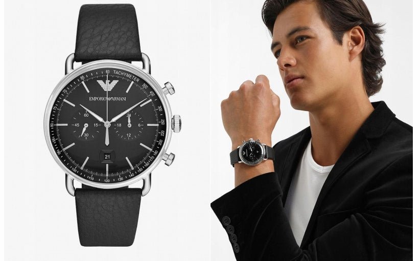 Emporio Armani Aviator Chronograph Black Dial Black Leather Strap Watch For Men - AR11143 Watches Emporio Armani   