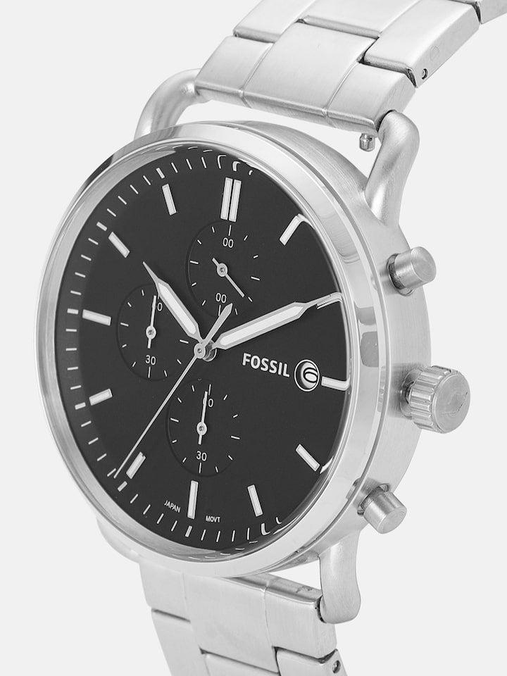 Fossil The Commuter Black Dial Silver Steel Strap Watch for Men - FS5399 Watches Fossil   