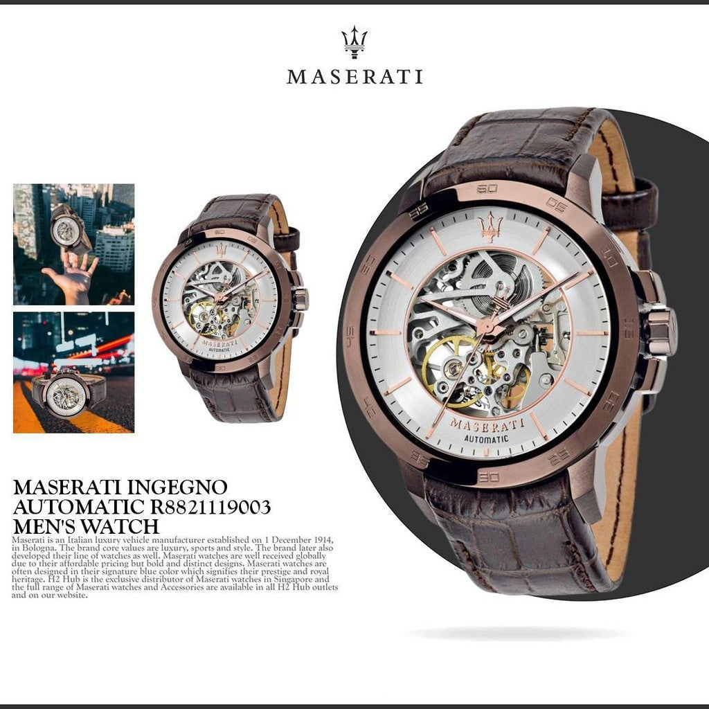 Maserati Ingegno Automatic White Skeleton Dial Brown Leather Strap Watch For Men - R8821119003 Watches Maserati   