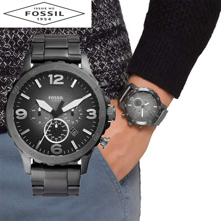 Fossil Nate Chronograph Gunmetal Dial Grey Steel Strap Watch for Men - JR1437 Watches Fossil   