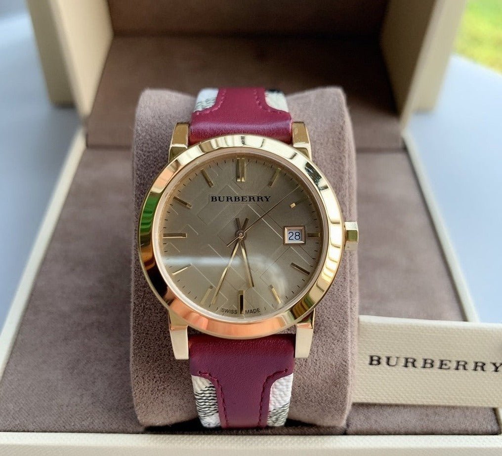 Burberry The City Gold Dial Maroon Leather Strap Watch for Women - BU9017 Watches Burberry   