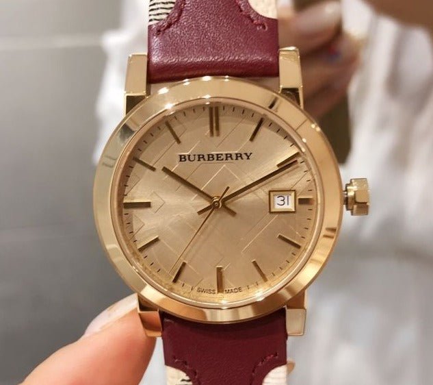 Burberry The City Gold Dial Maroon Leather Strap Watch for Women - BU9017 Watches Burberry   