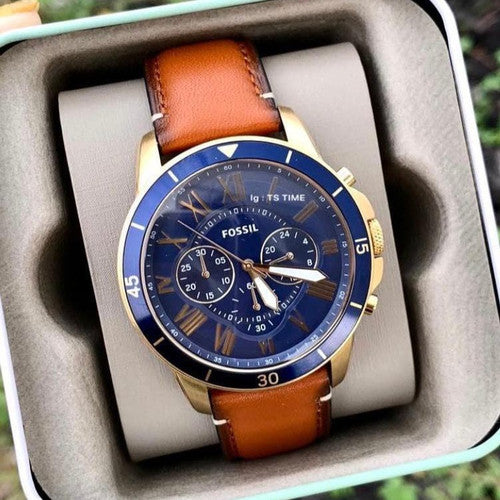 Fossil Grant Sport Chronograph Blue Dial Brown Leather Strap Watch for Men - FS5268 Watches Fossil   