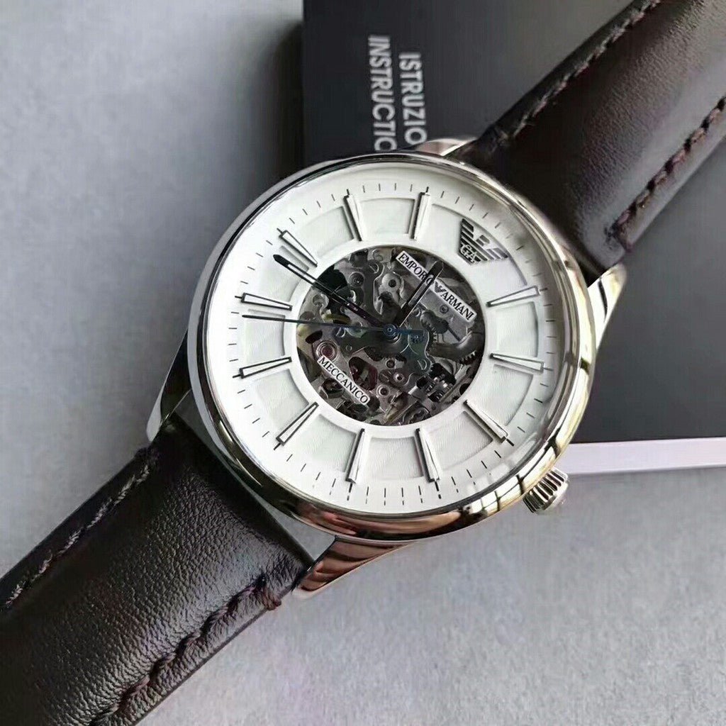 Emporio Armani Meccanico White Dial Brown Leather Strap Watch For Men - AR1946 Watches Emporio Armani   