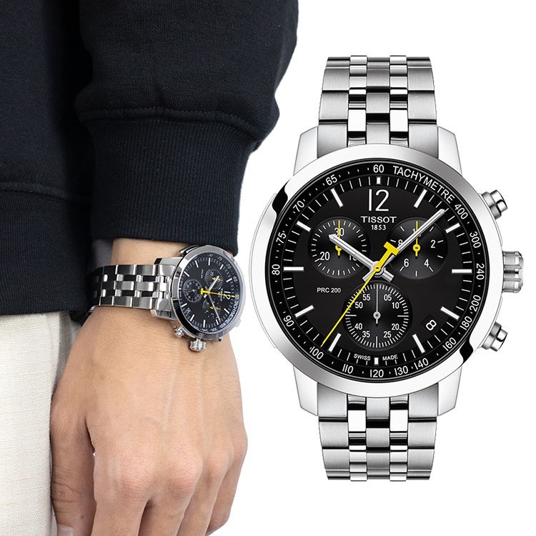 Tissot PRC 200 Chronograph Black Dial Silver Stainless Steel Watch For Men - T114.417.11.057.00 Watches Tissot   
