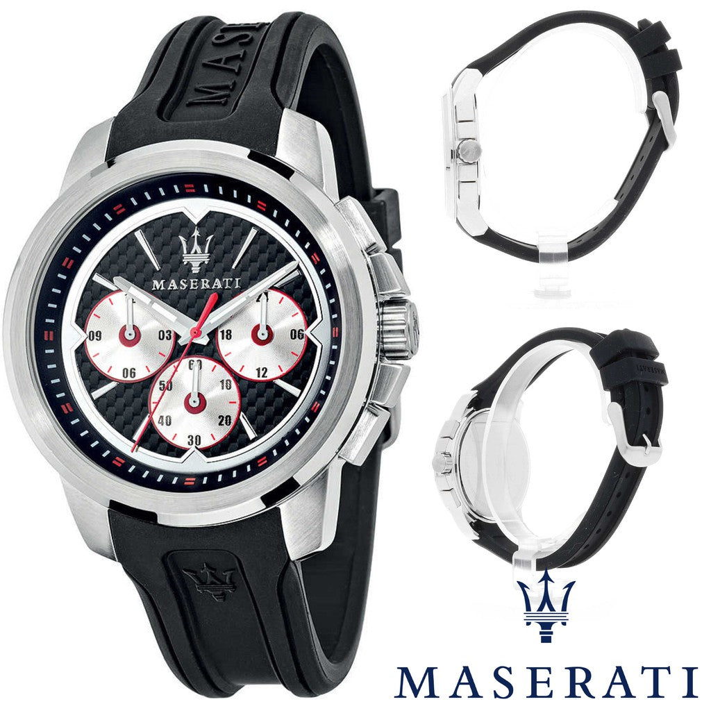 Maserati SFIDA Chronograph Black Silver Dial Black Rubber Strap Watch For Men - R8851123001 Watches Maserati   