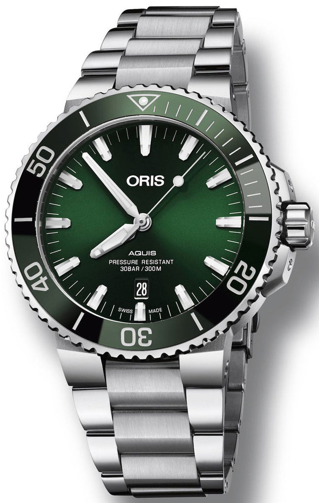 Oris Aquis Date Green Dial Silver Steel Strap Watch For Men - 0173377304157-0782405PEB