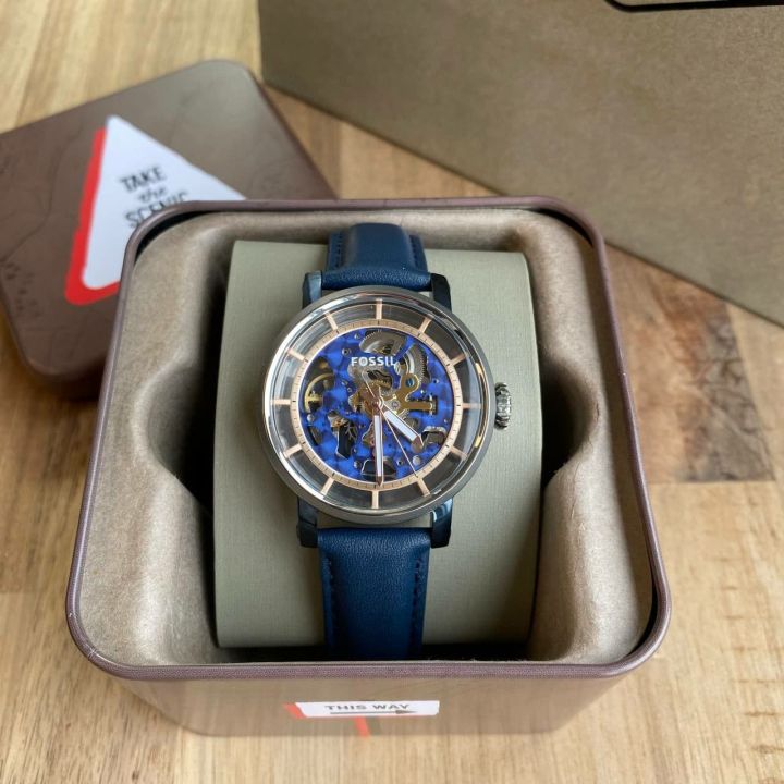 Fossil Boyfriend Skeleton Blue Dial Blue Leather Strap Watch for Women - ME3136 Watches Fossil   