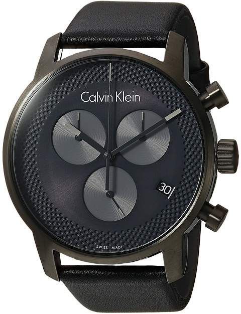 Calvin Klein City Chronograph Grey Dial Black Leather Strap Watch for Men - K2G177C3 Watches Calvin Klein   