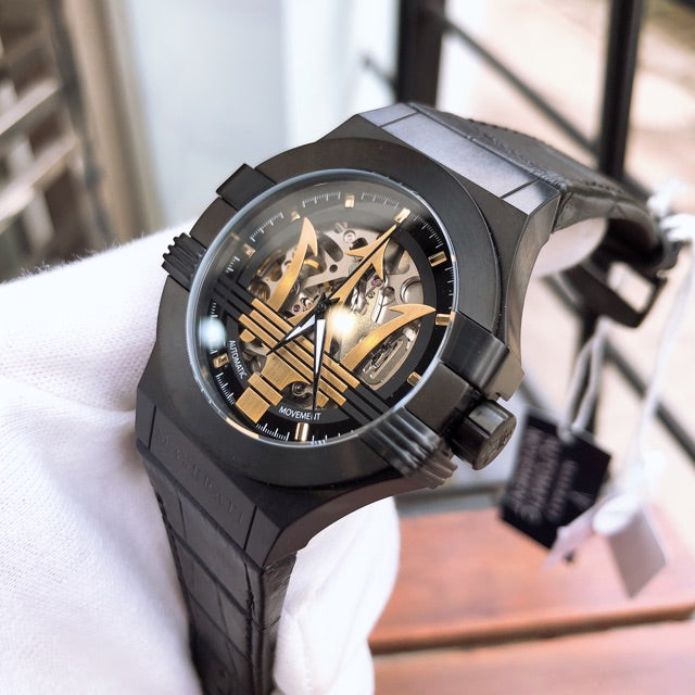 Maserati Potenza Skeleton Limited Edition Black Dial Black Leather Strap Watch For Men - R8821108027 Watches Maserati   