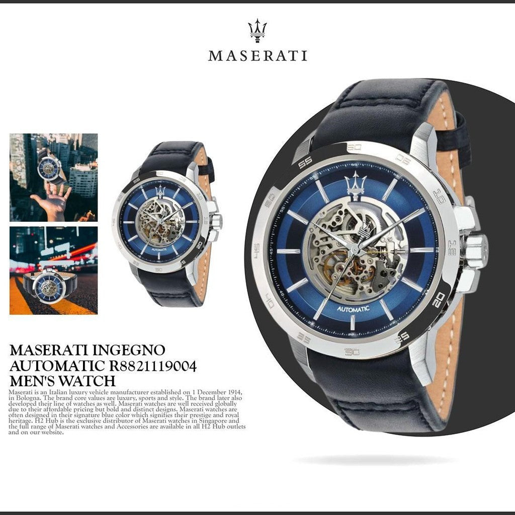 Maserati Ingegno Automatic Blue Skeleton Dial Black Leather Strap Watch For Men - R8821119004 Watches Maserati   