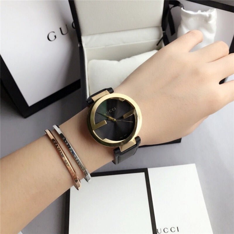 Gucci Interlocking G Gold Black Dial Black Leather Strap Unisex Watch - YA133326 Watches Gucci   