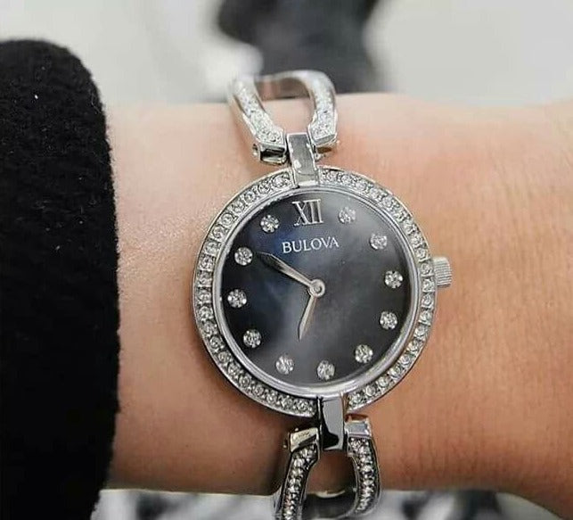 Bulova Crystal Black Mother of Pearl Dial Silver Steel Strap Watch for Women - 96L224 Watches Bulova   