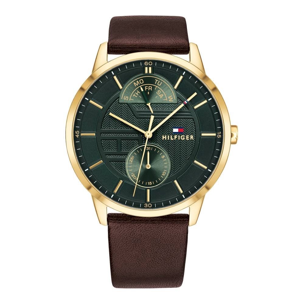 Tommy Hilfiger Hunter Green Dial Brown Leather Strap Watch for Men - 1791607 Watches Tommy Hilfiger   