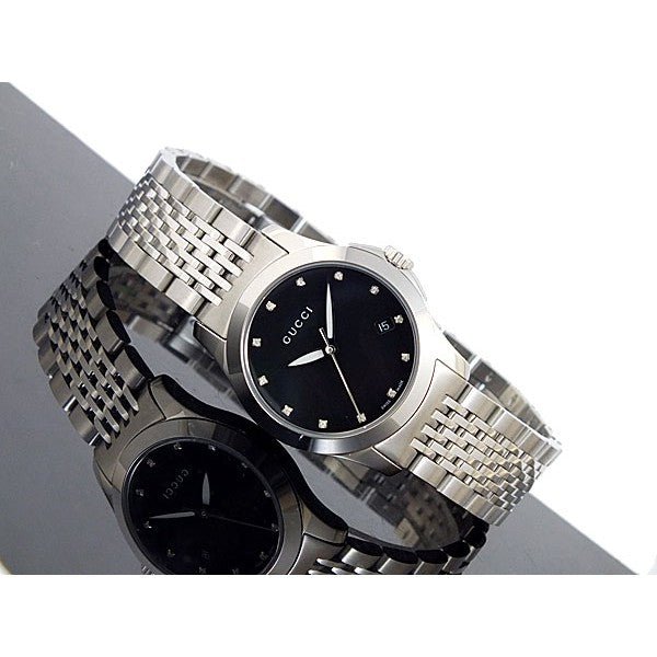 Gucci G Timeless Diamond Mother of Pearl Black Dial Silver Steel Strap Watch For Women - YA126505 Watches Gucci   