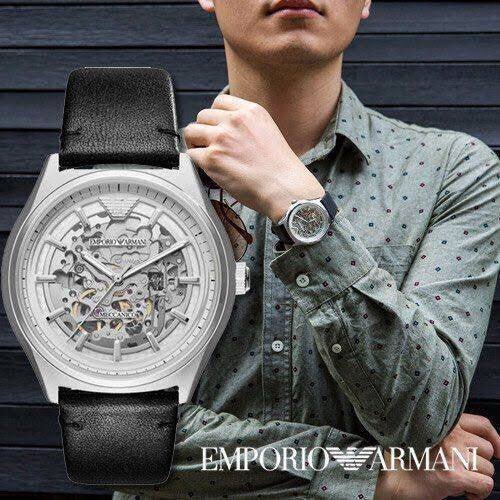 Emporio Armani Meccanico White Skeleton Dial Black Leather Strap Watch For Men - AR60003 Watches Emporio Armani   