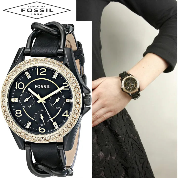 Fossil Riley Black Dial Black Leather Strap Watch for Women - ES3696 Watches Fossil   