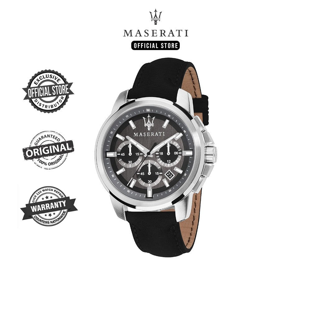 Maserati Successo 44mm Grey Dial Black Leather Strap Watch For Men - R8871621006 Watches Maserati   