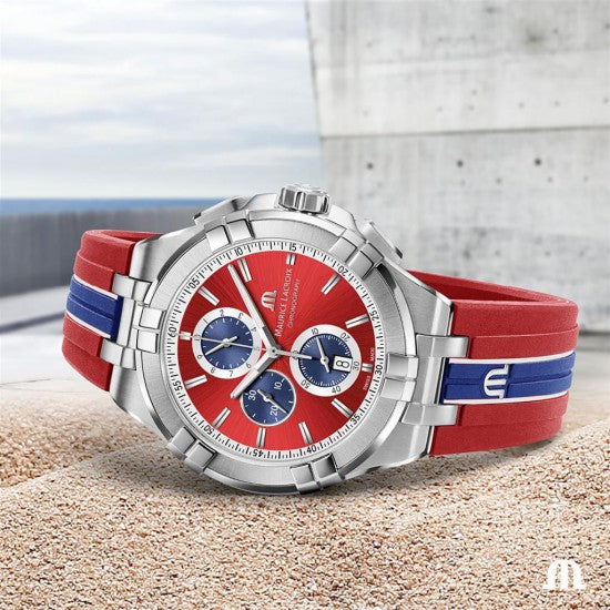 Maurice Lacroix Aikon Beach Volley Vikings Limited Edition Red Dial Red Rubber Strap Watch for Men - AI1018-SS001-530-6 Watches Maurice Lacroix   