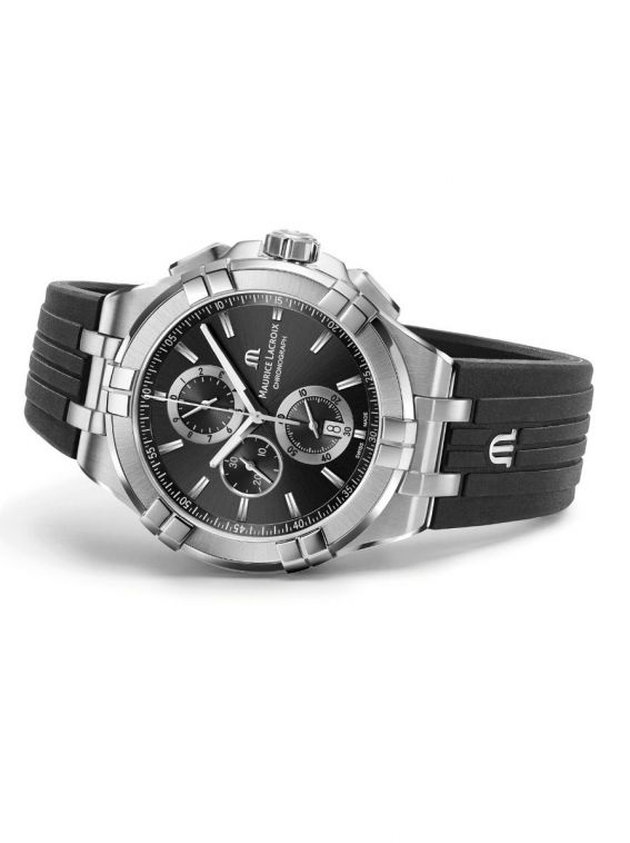 Maurice Lacroix Aikon Chronograph Black Dial Black Leather Strap Watch for Men - AI1018-SS001-330-2 Watches Maurice Lacroix   