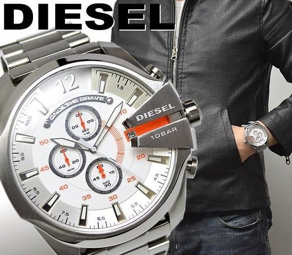 Diesel Mega Chief Quartz Chronograph White Dial Stainless Steel Strap Watch For Men - DZ4328 Watches Diesel   