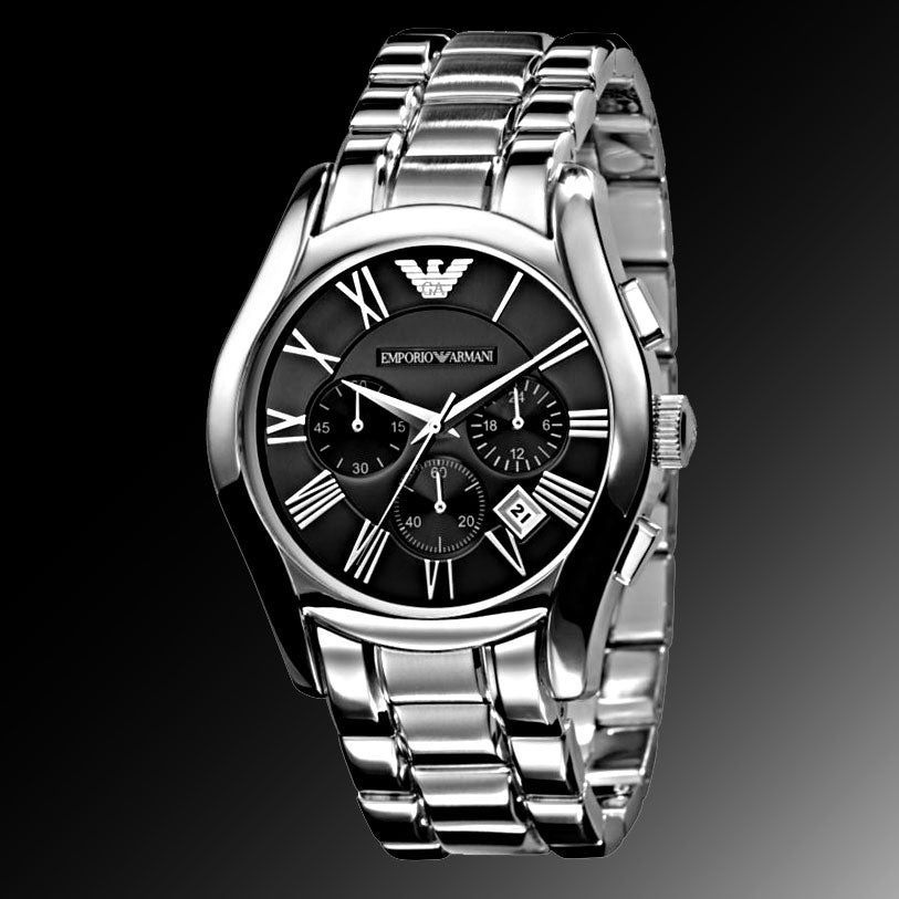 Emporio Armani Valente Chronograph Black Dial Silver Stainless Steel Watch For Men - AR0673 Watches Emporio Armani   