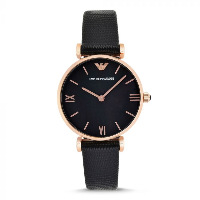 Emporio Armani Gianni T Bar Black Mother of Pearl Dial Black Leather Strap Watch For Women - AR11060 Watches Emporio Armani   