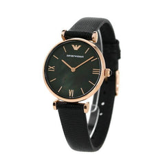 Emporio Armani Gianni T Bar Black Mother of Pearl Dial Black Leather Strap Watch For Women - AR11060 Watches Emporio Armani   