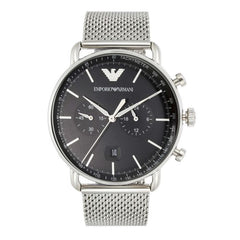 Emporio Armani Chronograph Black Dial Silver Mesh Bracelet Watch For Men - AR11104 Watches Emporio Armani   