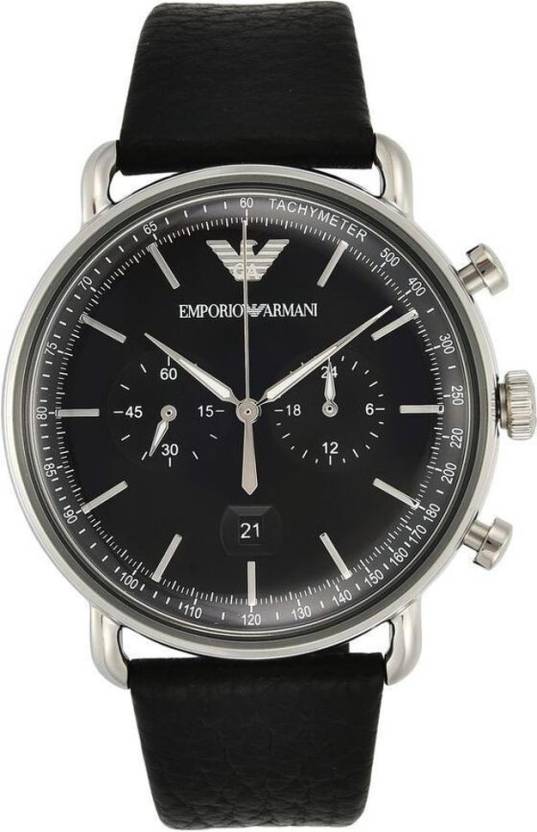 Emporio Armani Aviator Chronograph Black Dial Black Leather Strap Watch For Men - AR11143 Watches Emporio Armani   