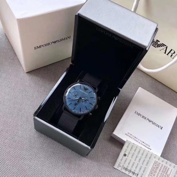 Emporio Armani Aviator Chronograph Blue Dial Black Mesh Bracelet Watch For Men - AR11201 Watches Emporio Armani   